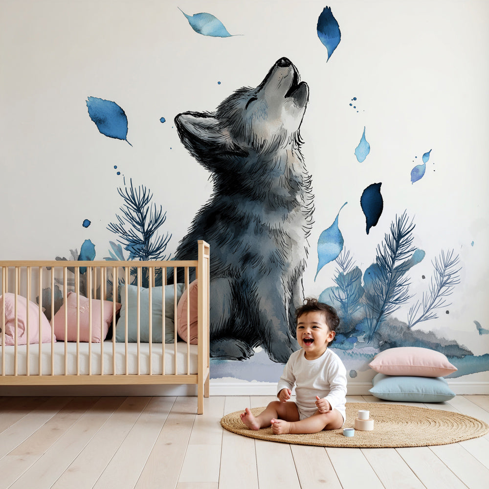 Kids-Mundo watercolour wolf pup wall mural styled in a calm, blue-toned nursery