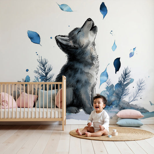 Kids-Mundo watercolour wolf pup wall mural styled in a calm, blue-toned nursery