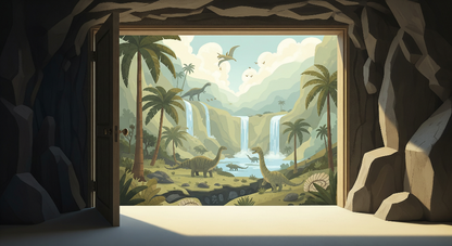 Kids-Mundo flat artwork of a jungle waterfall scene with dinosaurs seen through a cave opening