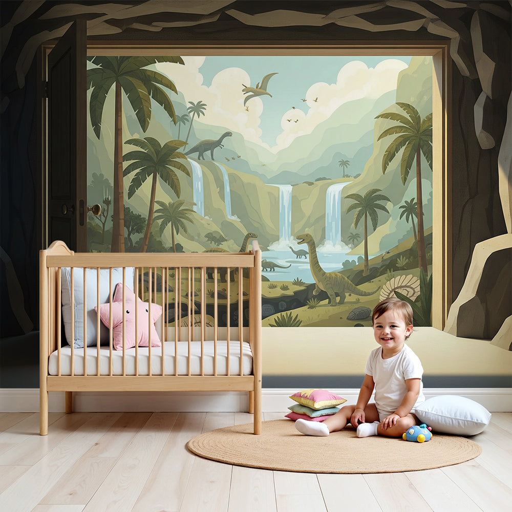 Kids-Mundo dinosaur waterfall jungle wall mural styled in a soft, calming nursery setting
