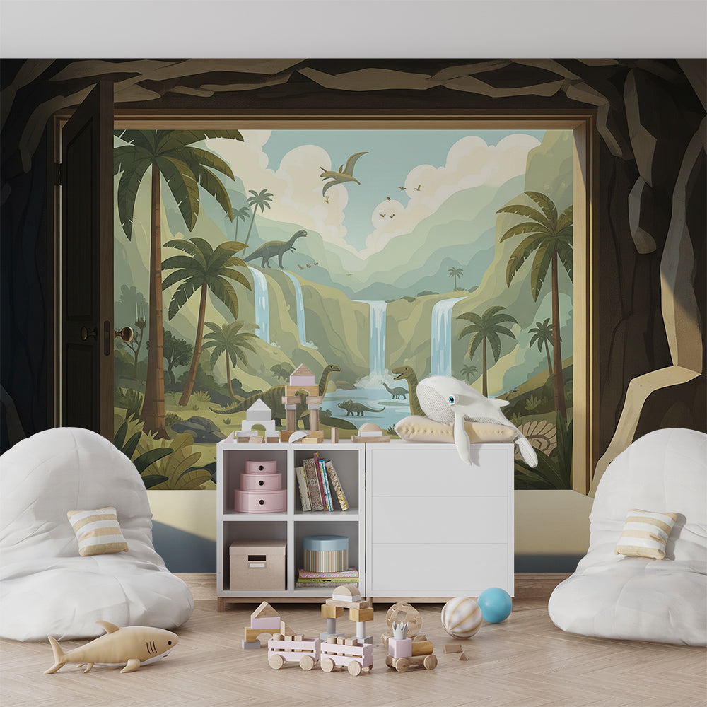 Kids-Mundo dinosaur waterfall valley wall mural brightening a playful kids playroom