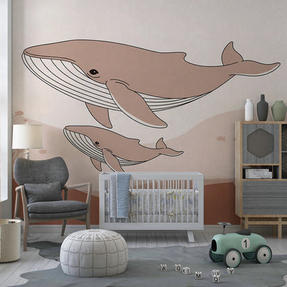 Kids-Mundo whale and calf ocean wall mural covering a feature wall in a calm children's bedroom.