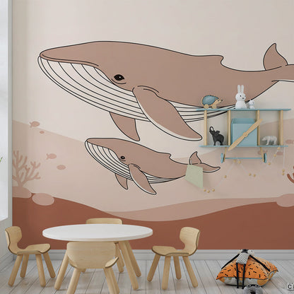 Kids-Mundo whale and calf wall mural adding a gentle undersea scene to a family playroom.