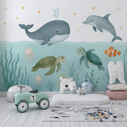 Kids-Mundo ocean animal wall mural covering a feature wall in a seaside-themed kids bedroom.