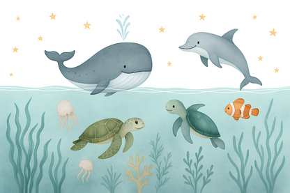 Kids-Mundo flat artwork print of the whale and dolphin ocean adventure design.