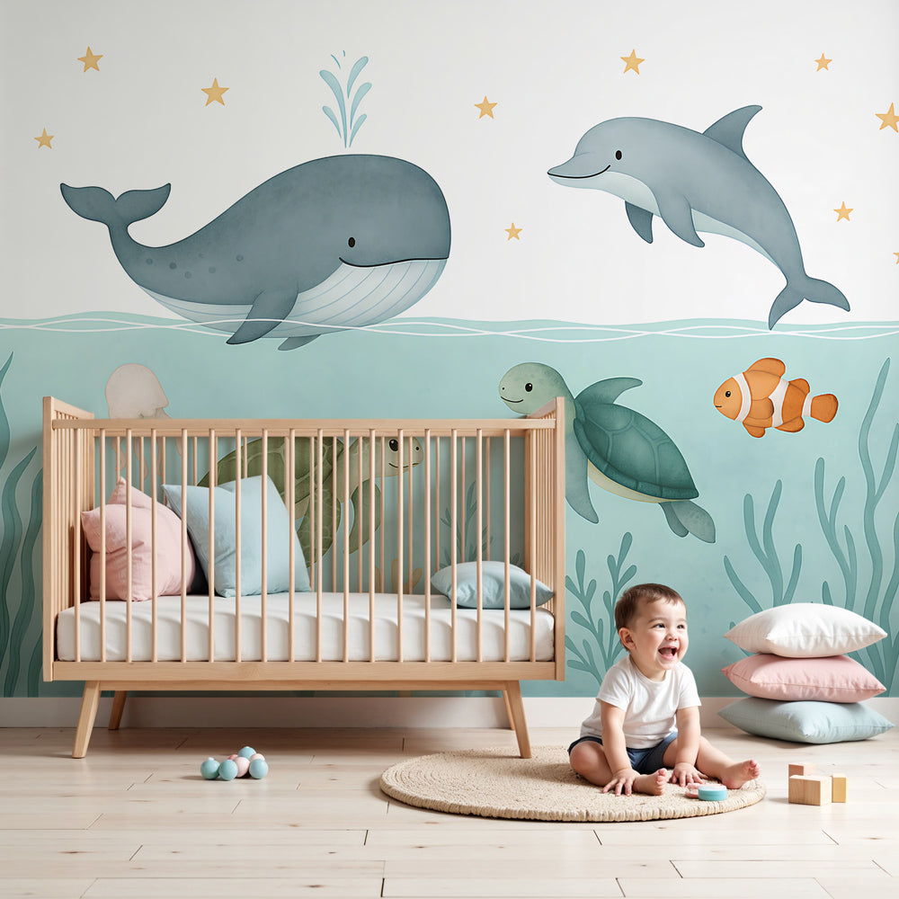 Kids-Mundo whale and dolphin ocean wall mural styled behind a cot in a soft teal nursery.
