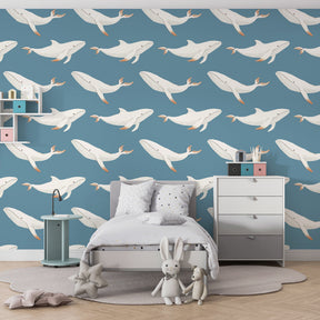 Graceful whale wallpaper transforming children's bedroom into underwater adventure space