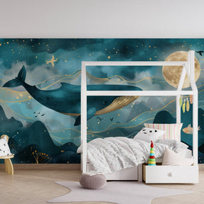 Whale and moon mural wallpaper transforming kids room into underwater sanctuary