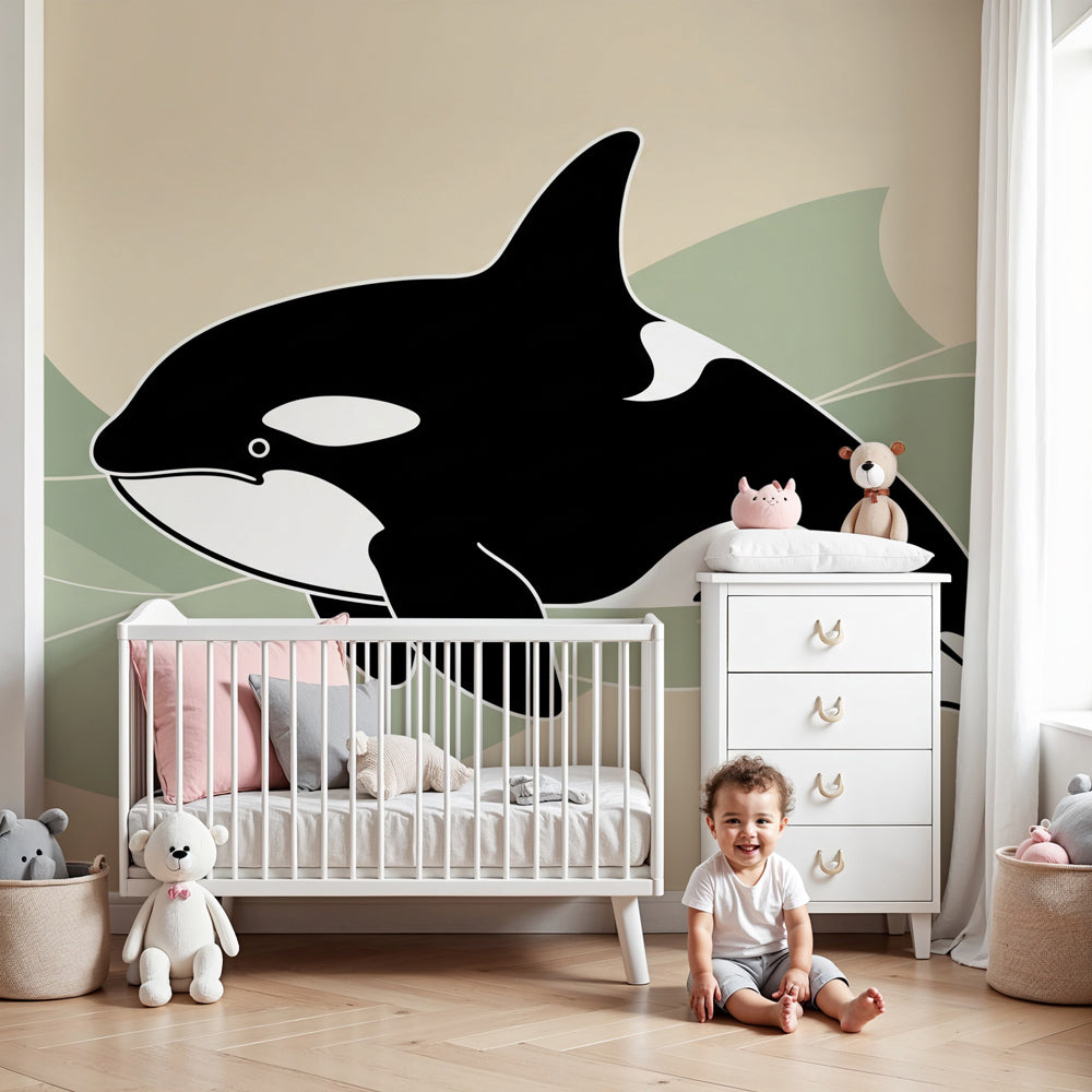 Playful orca whale mural wallpaper creating serene nursery atmosphere with natural wood furniture by Kids-Mundo