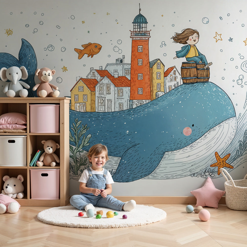 Whale mural wallpaper creating magical marine nursery decor with blue whale and lighthouse by Kids-Mundo