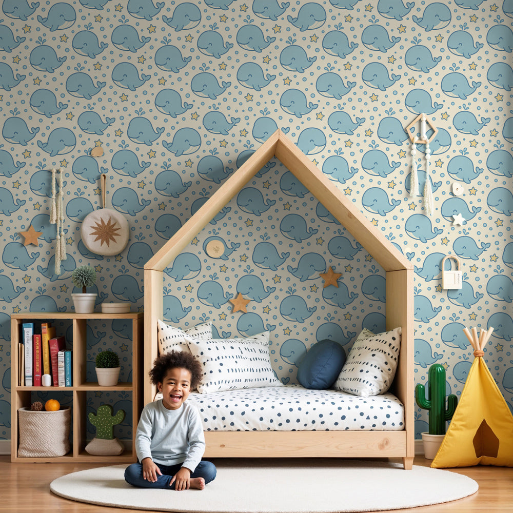 Whale mural wallpaper with smiling ocean friends decorating modern nursery by Kids-Mundo