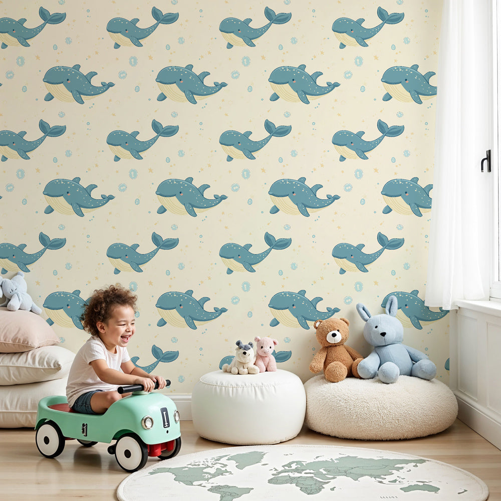 Blue whale mural wallpaper creating peaceful ocean nursery decor by Kids-Mundo