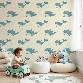 Blue whale mural wallpaper creating peaceful ocean nursery decor by Kids-Mundo