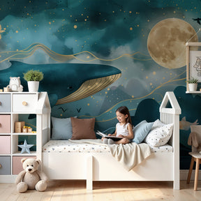 Dreamy whale mural wallpaper creating magical ocean nursery decor with moon and stars by Kids-Mundo