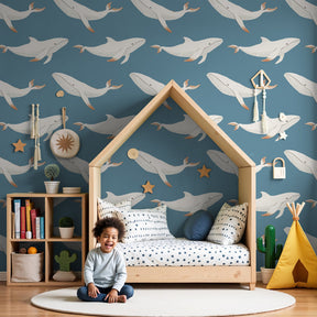 Blue whale mural wallpaper creating peaceful ocean atmosphere in modern kids nursery by Kids-Mundo