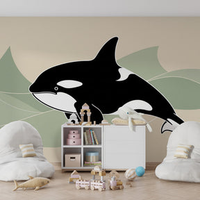 Ocean-themed whale wallpaper transforming kids bedroom into underwater adventure space with coral accents