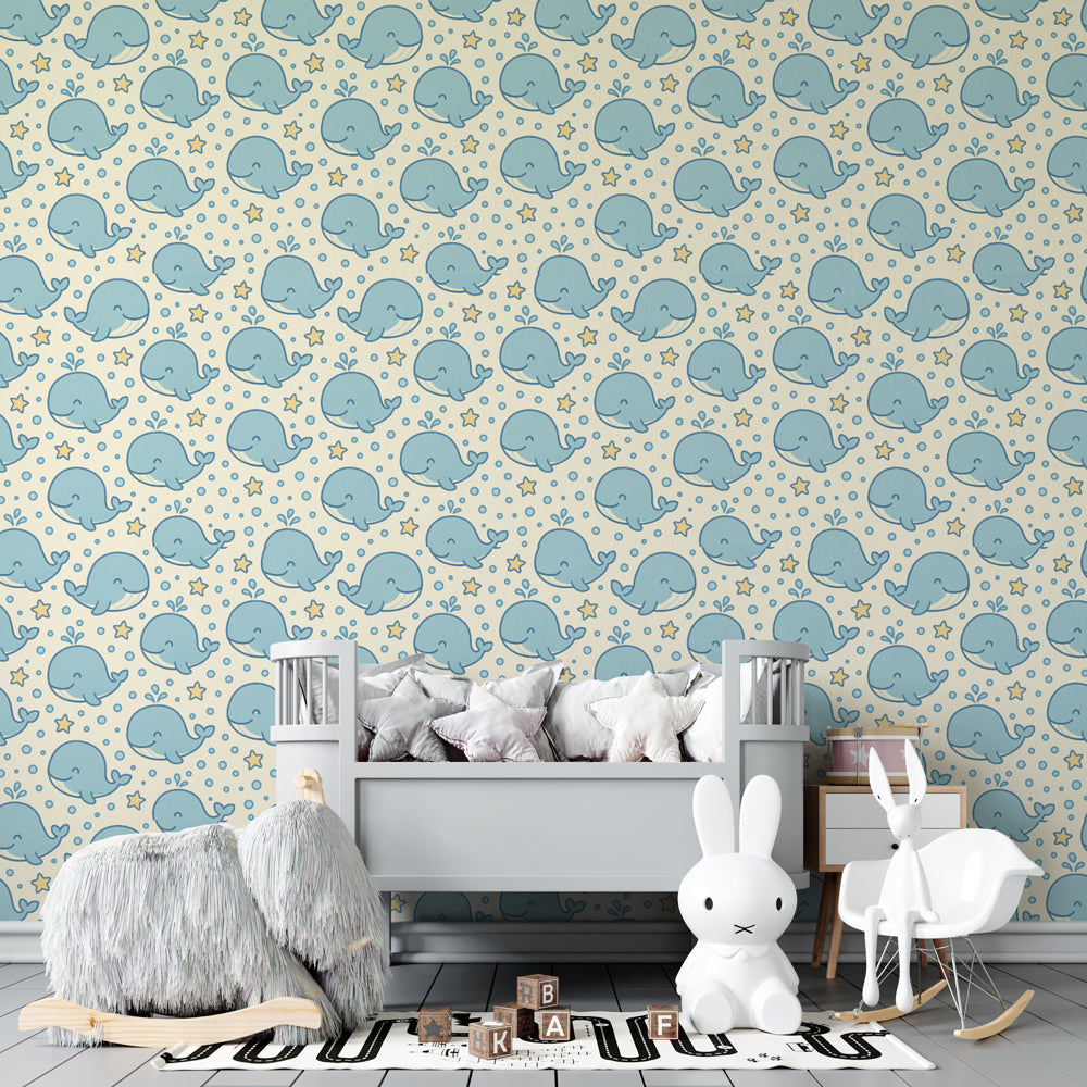 Marine life mural wallpaper with cheerful whales and stars for kids playroom by Kids-Mundo