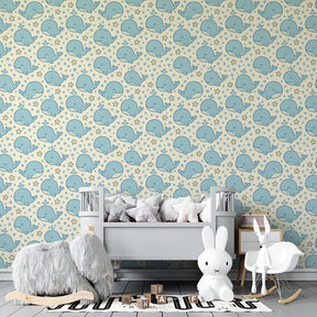 Marine life mural wallpaper with cheerful whales and stars for kids playroom by Kids-Mundo