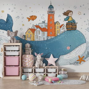 Marine themed whale mural wallpaper transforming kids playroom into underwater adventure space