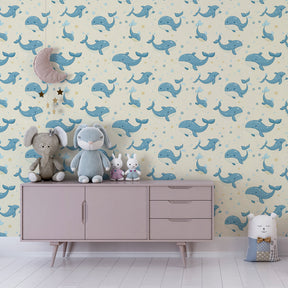 Playful whale mural wallpaper with bubbles and stars for kids playroom by Kids-Mundo