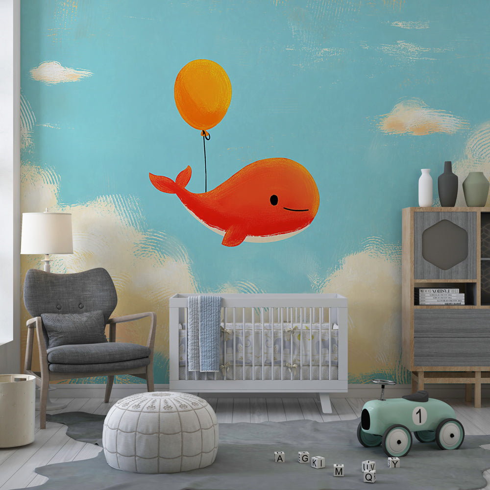 Joyful whale wallpaper creating dreamy atmosphere in children's bedroom decor