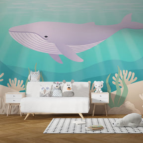 Ocean themed mural wallpaper with whale design in modern baby bedroom setting by Kids-Mundo