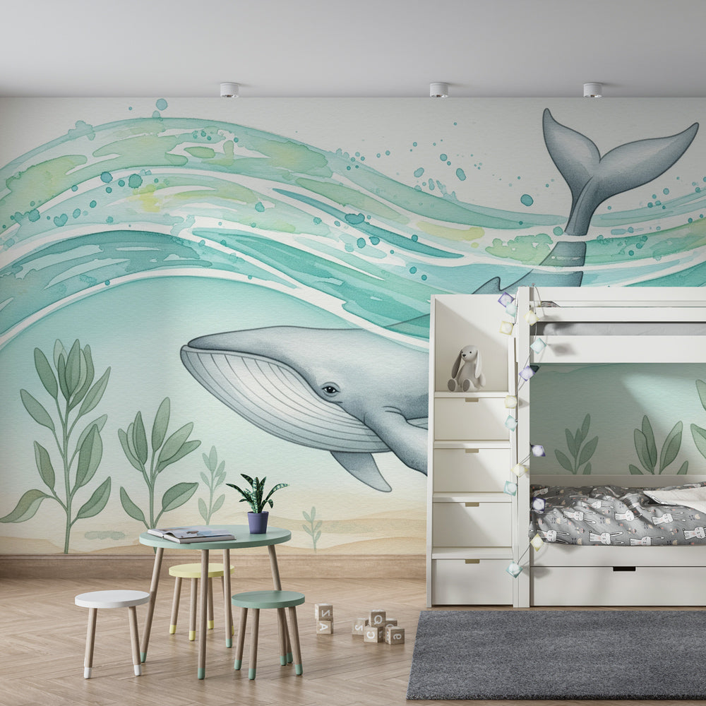 Ocean themed whale wallpaper complementing coastal kids room furniture and accessories