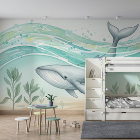 Ocean themed whale wallpaper complementing coastal kids room furniture and accessories