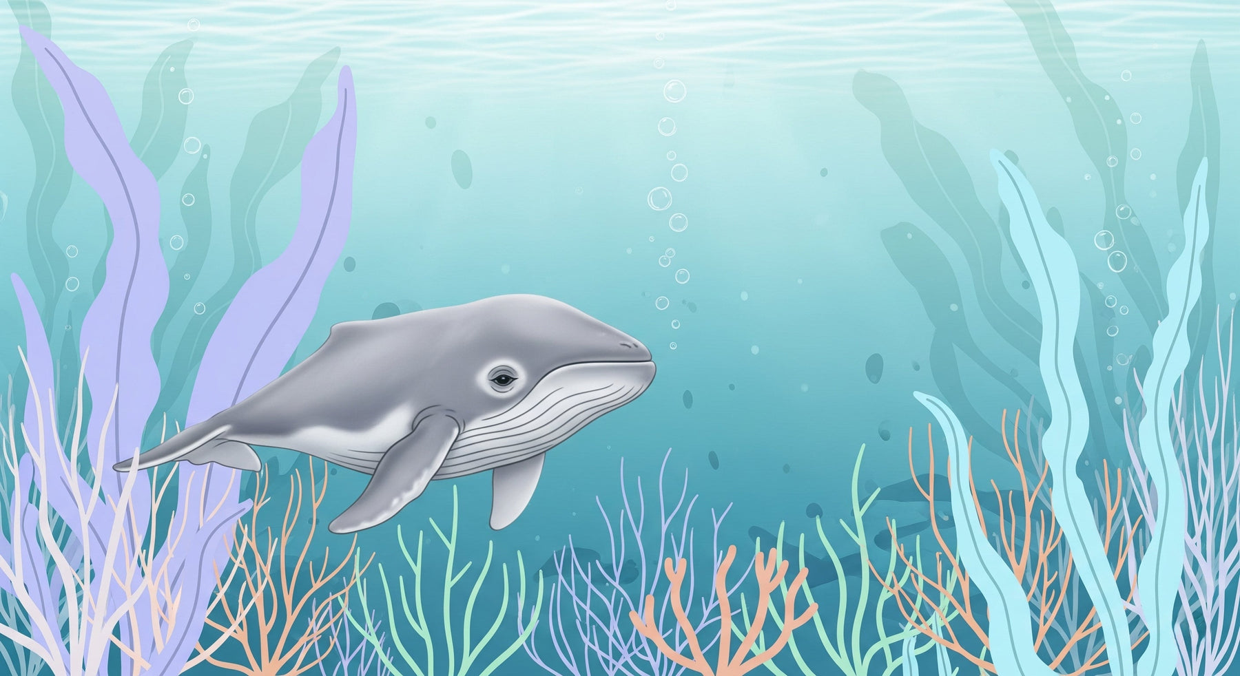 Detailed whale and coral reef mural wallpaper design pattern showing underwater scene by Kids-Mundo