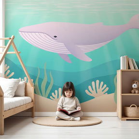Whale ocean mural wallpaper creating serene nursery atmosphere with gentle blue tones by Kids-Mundo