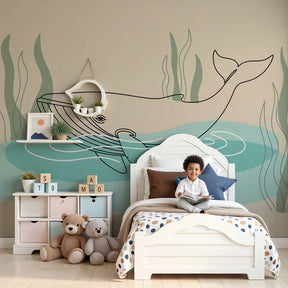 Whale ocean mural wallpaper creating peaceful marine atmosphere in modern nursery by Kids-Mundo
