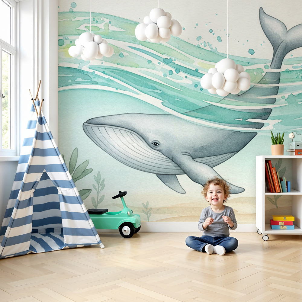 Whale ocean mural wallpaper creating peaceful underwater nursery decor by Kids-Mundo