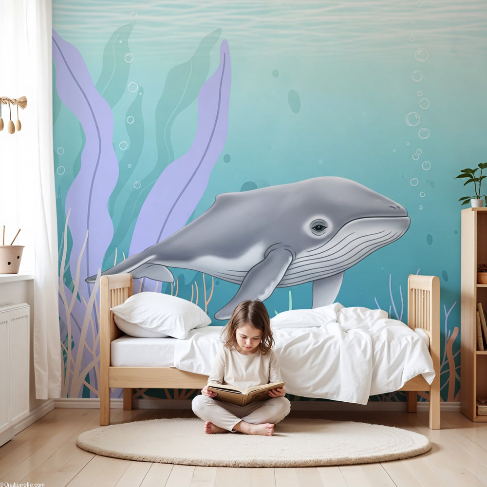 Whale ocean mural wallpaper in modern nursery with underwater coral reef theme by Kids-Mundo