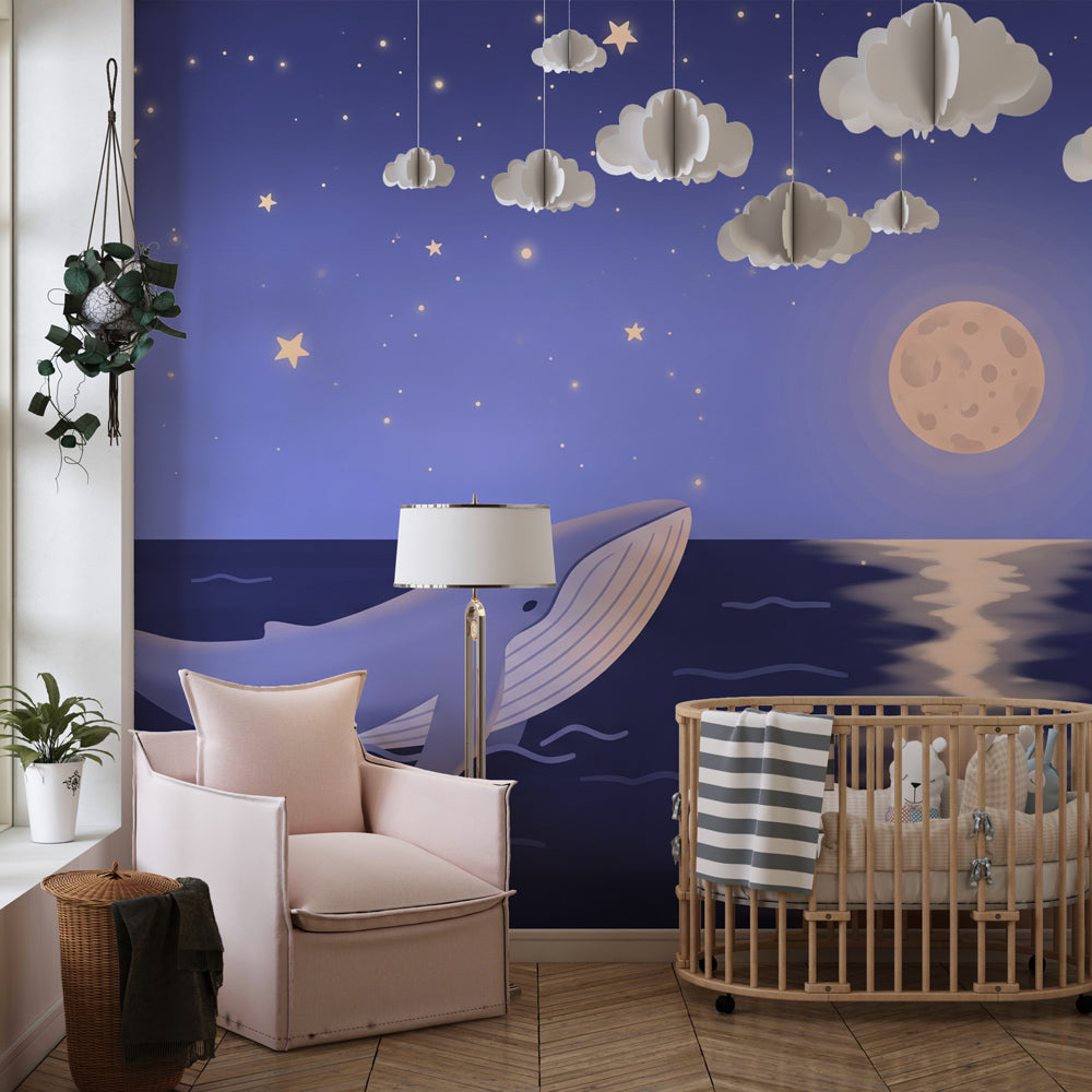 Ocean whale mural wallpaper in modern baby bedroom with soft lighting and peaceful atmosphere