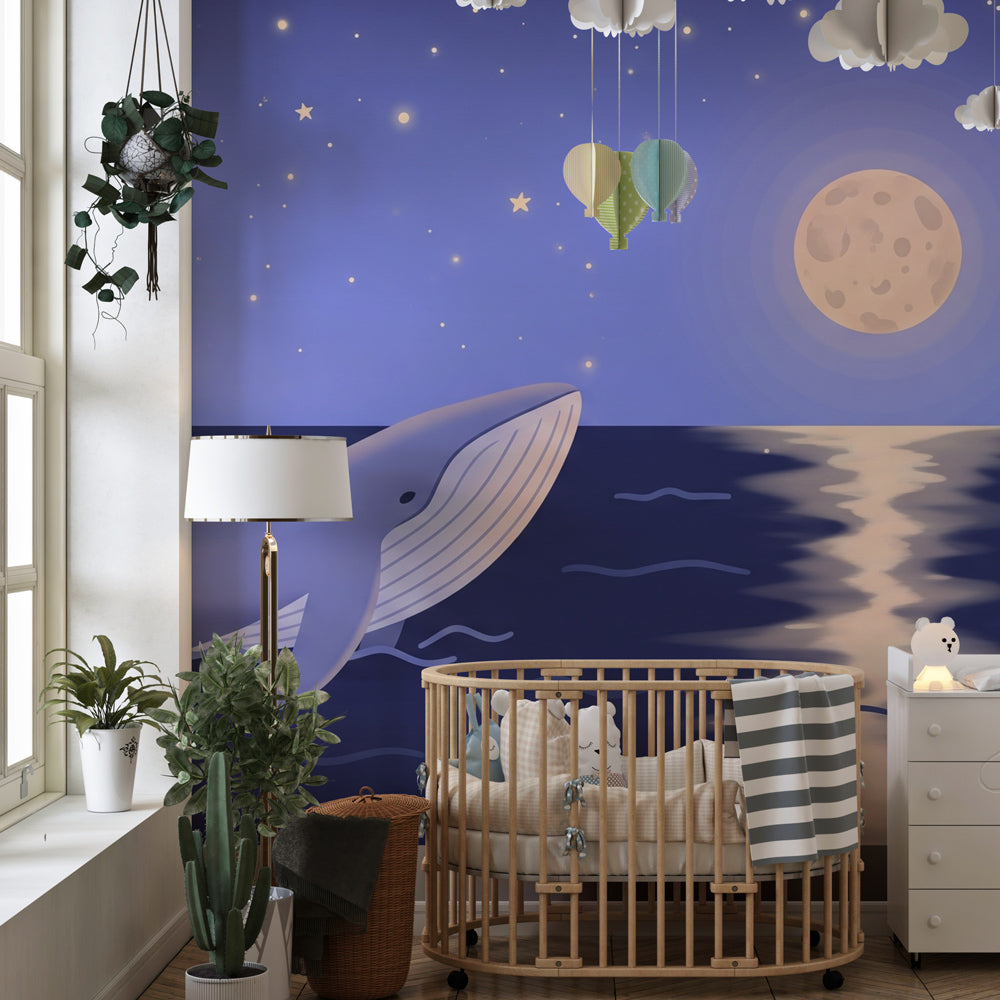 Marine themed whale wallpaper transforming toddler room into magical underwater dreamscape
