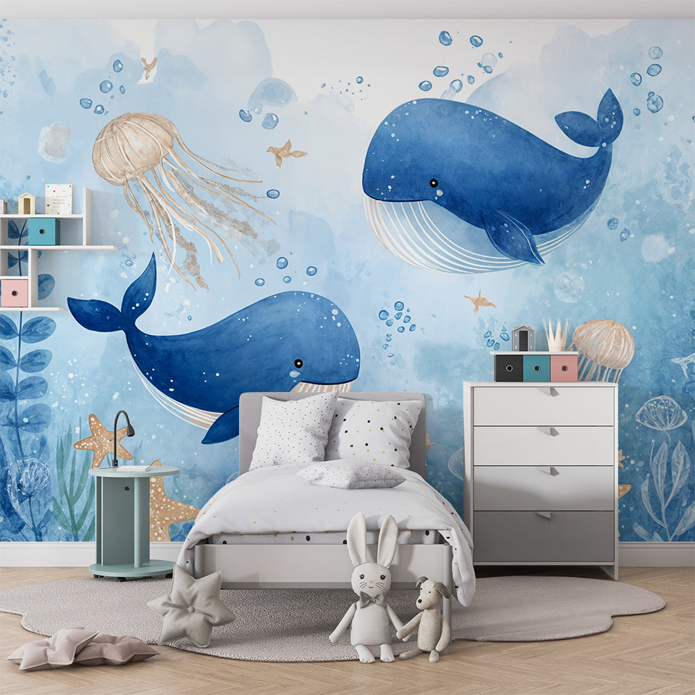 Kids-Mundo ocean wall mural with whales and jellyfish covering a wall in a coastal kids bedroom