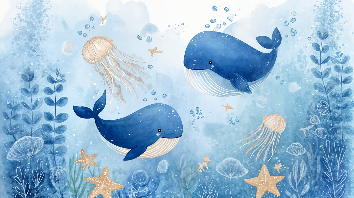 Watercolour Whales and Jellyfish Ocean Wall Mural