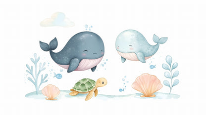 Kids-Mundo flat artwork of the watercolour whale and turtle ocean wall mural design