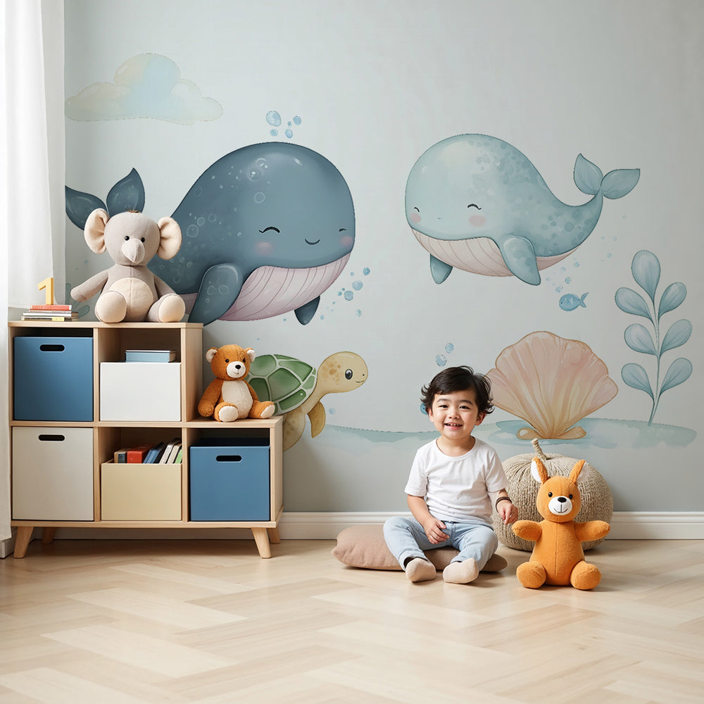 Kids-Mundo whale and turtle ocean wall mural styled in a soft blue baby nursery