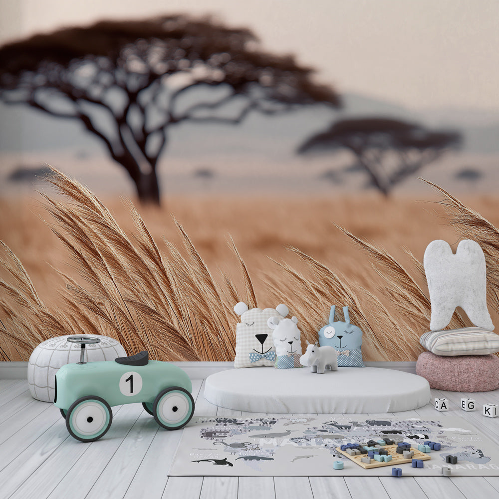 Golden countryside wallpaper transforming children's bedroom with peaceful wheat field design