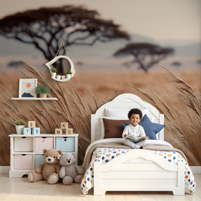 Wheat field mural wallpaper with pastel sky creating serene nursery atmosphere by Kids-Mundo