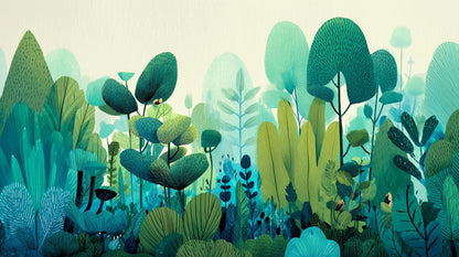 Kids-Mundo stylised forest design with layered trees in teal, green and blue tones