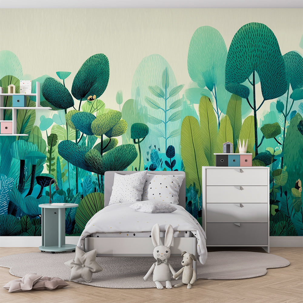 Kids-Mundo whimsical forest wall mural bringing colour to a children's playroom