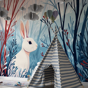 Forest animal mural wallpaper creating magical kids bedroom atmosphere with white rabbit design