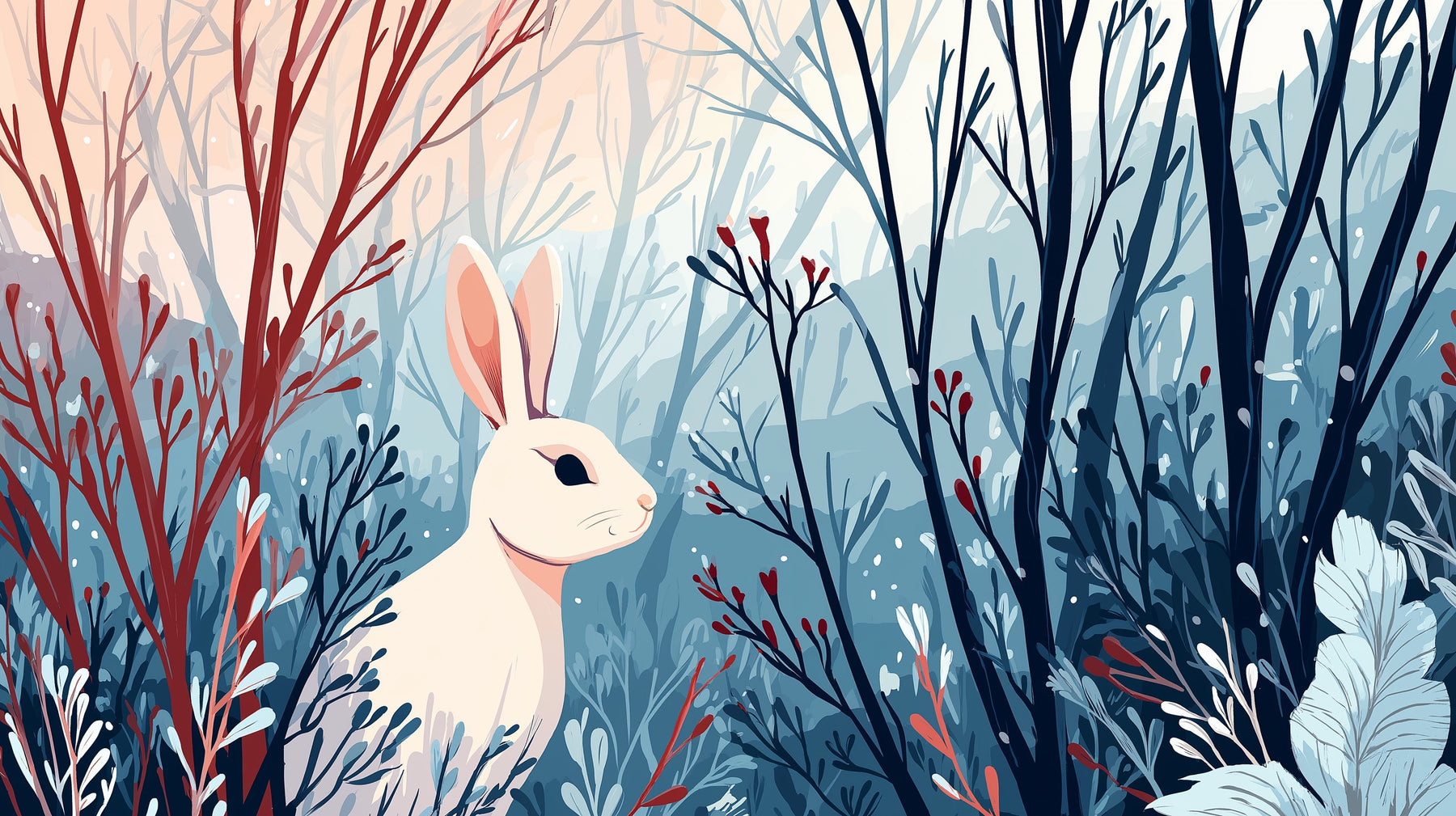 White rabbit enchanted forest mural wallpaper design pattern detail by Kids-Mundo