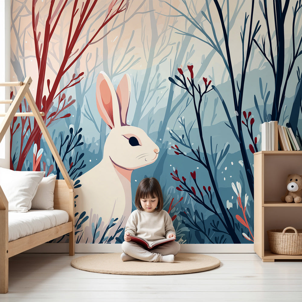 White rabbit enchanted forest mural wallpaper in modern nursery room by Kids-Mundo