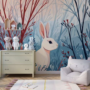 Enchanted forest wallpaper with white rabbit transforming children's playroom into woodland sanctuary
