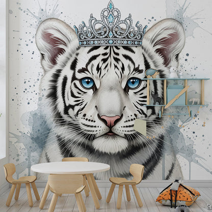 Kids-Mundo white tiger cub mural with tiara adding elegance to a child's bedroom