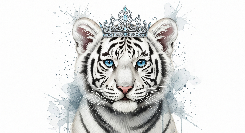 Kids-Mundo flat artwork of a white tiger cub wearing a silver tiara in watercolour style