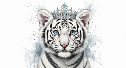 Kids-Mundo flat artwork of a white tiger cub wearing a silver tiara in watercolour style